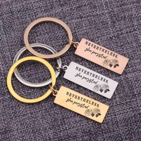 

bag charms nevertheless she persisted hand stamped flowers girlfriend gift keychains present key ring novelty trinket jewelry, Silver