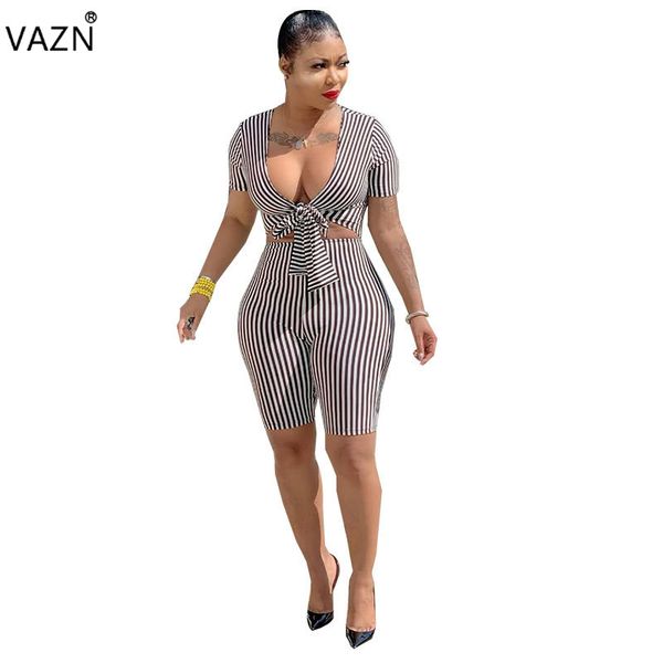 

vazn gtk16003 summer hollow out open bandage new list untidy fashion classic striped young elastic women playsuits, Black;white