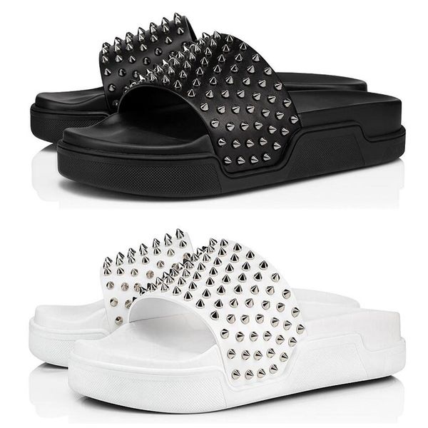 

2020 new red bottom mens slippers fashion slides triple black white spikes mens flat flip flops beach l platform sandals size 40-46