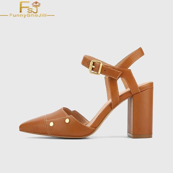 

brown women pumps high chunky heels pointed toe buckle strap large size 14 15 ladies summer fashion rivets mature shoes fsj, Black
