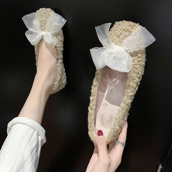 

autumn fur shoes women winter wear new flat bottom plus velvet women cotton shoes asakuchi peas bow warm u12-95, Black