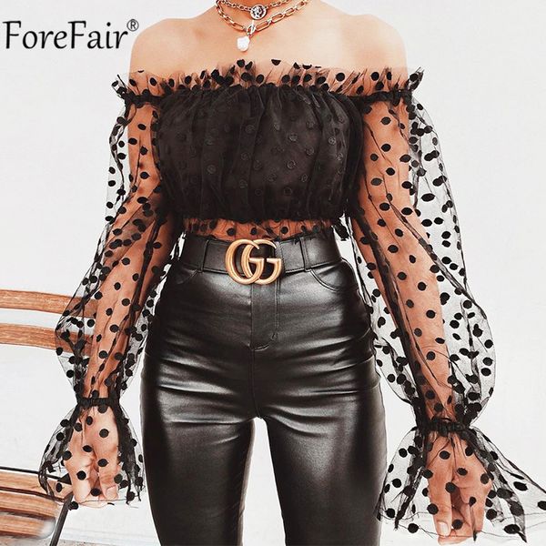 

forefair off shoulder mesh see though blouse women black spring summer long sleeve polka dot lady transparent shirt 2020, White