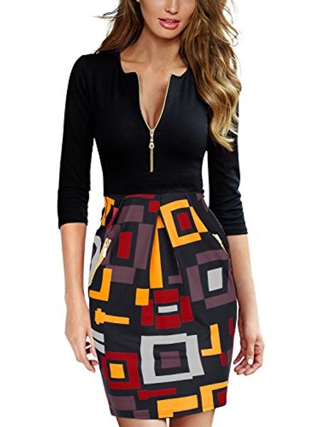 

miusol women's deep-v neck 2/3 sleeve slim business pencil dress, Black;gray