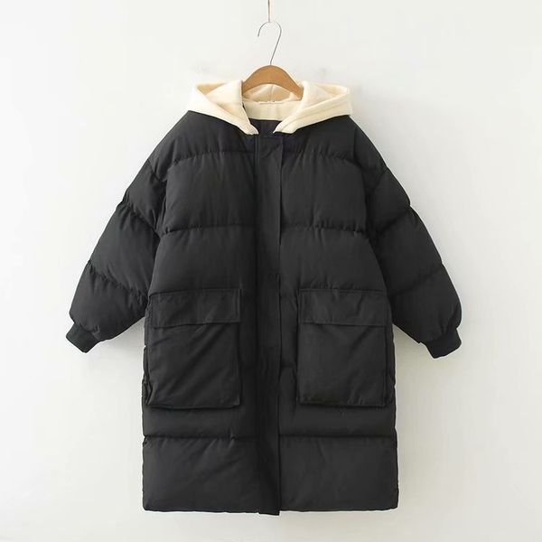 

korean-style fall and winter clothes new style hooded large pocket down feather cotton-padded coat long color block cotton padde, Blue;black