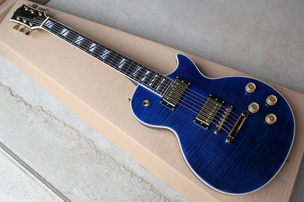 

blue body flame maple veneer electric guitar with golden hardware,2 pickups,fixed bridge,body binding,can be customized