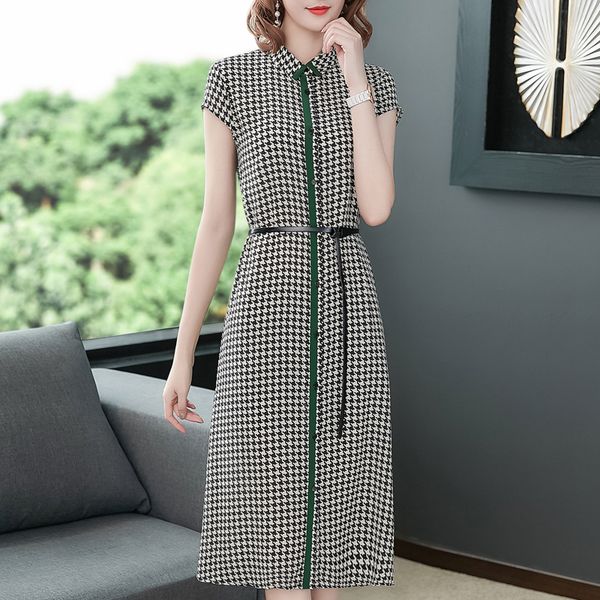 

womens plaid silk dress new loose plus size stand collar dress ladies short sleeve long dresses vestids, Black;gray