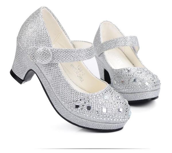 

girl shoes for kids high heel platforms leather rhinestones party dress children shoes kids suit soft insole silver gold, Black;grey