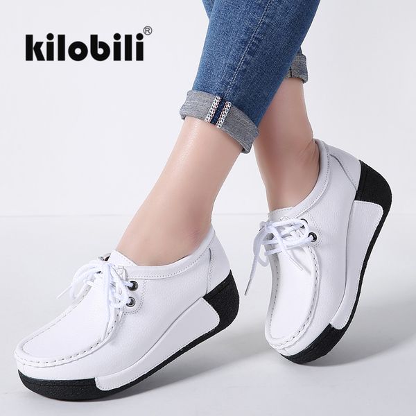 

kilobili 2018 winter women flats shoes platform sneakers leather casual shoes plush lace up flats heels creepers moccasins lady, Black