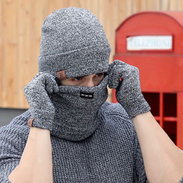 

3pcs casual cap scarves sets neck warmer for men women knitted hat gloves scarf set winter fashion soft warm face shield mask, Blue;gray