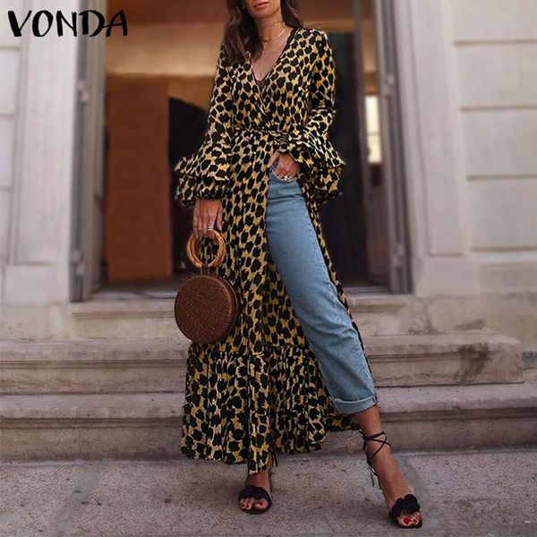 

vonda women leopard dress bohemian v neck long sleeve split shirt dress 2019 autumn sundress casual long party vestido 5xl, Black;gray