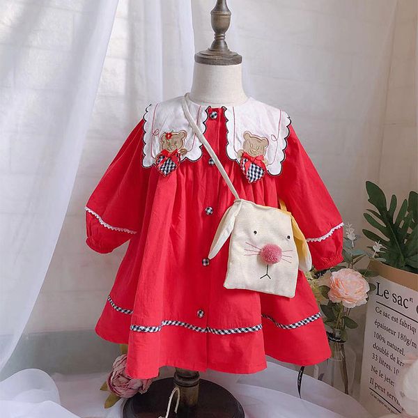 

великобритания испания стиль новая одежда для девочек с длинным рукавом платье девушки красный медведь платье весна осень pet pan воротник п, Red;yellow