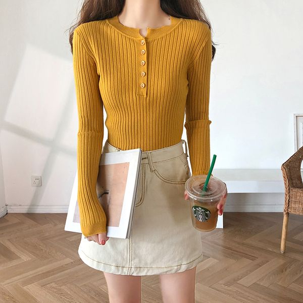

taotrees autumn female round collar slim button sweater long sleeve solid color knitted pullover sweaters, White;black