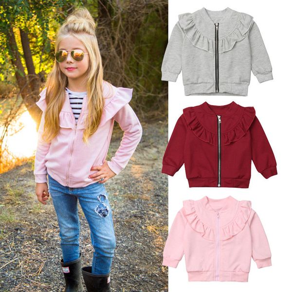 

2019 brand new infant kids baby girls zipper coat jacket autumn winter solid ruffles long sleeve warm clothes outfits 1-5t, Blue;gray