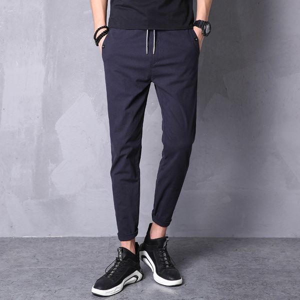 

men ankle pants casual pants straight chinos jogging male brand trousers quality stretch elastic waist straight-leg, Black