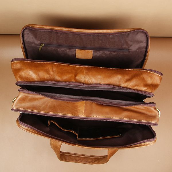 

2020 men briefcases genuine leather handbag vintage lapbriefcase messenger shoulder bags men's multi pockets leather bags