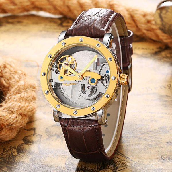 

2020 new man's watches woonun automatic mechanical watch skeleton transparent hollowed-out wristwatch 3atm water resistant gift, Slivery;brown