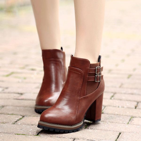 

2019 spring fashion women boots women ankle boot zipper high hoof heel buckle punk motorcycle boots shoes woman black 753