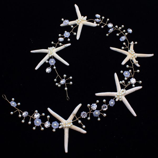 

handmade 60 cm beautiful starfish mermaid bridal tiara crown bride women chaplet hair ornaments wedding head jewelry accessories j190701, Golden;white