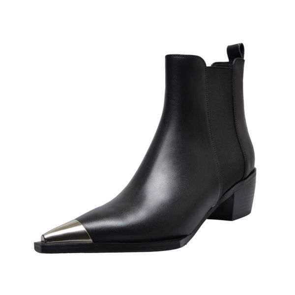 

natural genuine leather boots women metal pointed toe ladies ankle boots for women square heels spring autumn shoes, Black