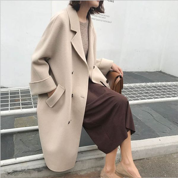 

woman wool coat 2019 slim warm long sleeve coat winter cashmere woolen cardigan long female coats elegant outwear high quality, Black
