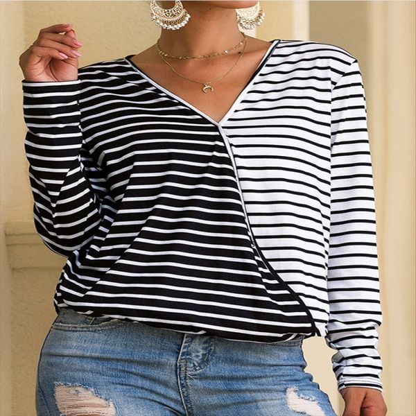 

autumn 2020 black and white stripe contrast color v-neck long sleeve loose all-match t-shirt female