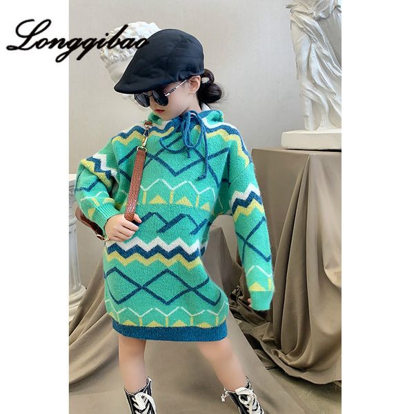 

girls sweater 2019 autumn new loose foreign hooded casual rhombic long section pullover sweater tide, Blue