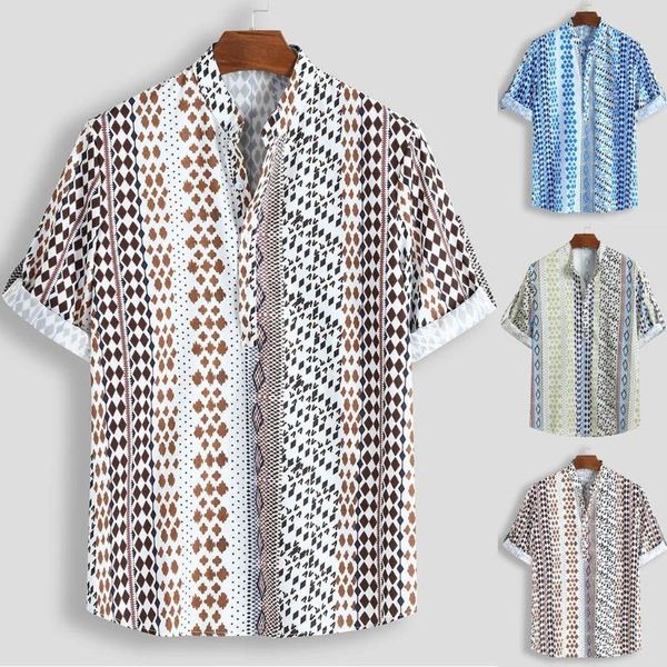 

casual men's shirt summer hawaiian mens loose multi color lump chest half sleeve stand collar round hem shirts camisas hombre, White;black
