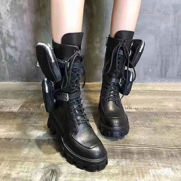 

wildprada 2020 autumn and winter new muffin thick-bottomed tube martin boots military boots leather locomotive lace-up booties trend, Black