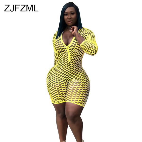 

hollow out fishnet bodycon playsuit women deep v neck long sleeve one piece overall streetwear front zipper short bodysuit, Black;white