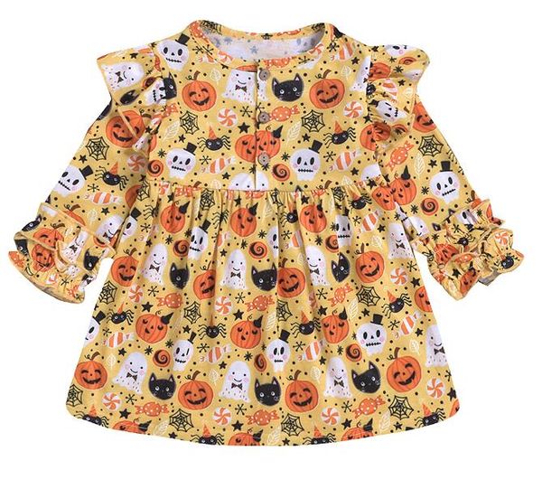 

dhl wholesale girls' dresses clothes pumpkin skull print flare sleeve halloween 100% cotton kids' clothing by0826, Red;yellow