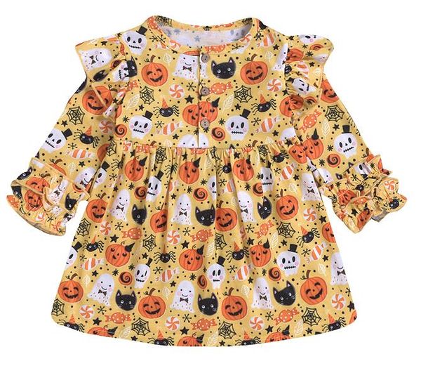 DHL Free Navio Atacado Vestidos de Meninas Roupas Abóbora Crânio Impressão Flare Manga Halloween 100% Algodão Crianças Vestuário BY0826