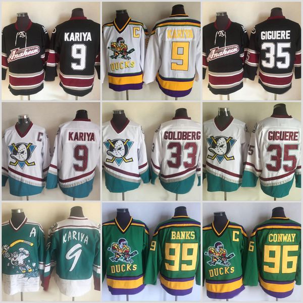 

9 Paul Kariya Ducks Movie Jersey 33 Greg Goldberg 35 Sebastien Giguere 66 Gordon Bombay 96 Charlie Conway 99 Adam Banks Hockey Jersey