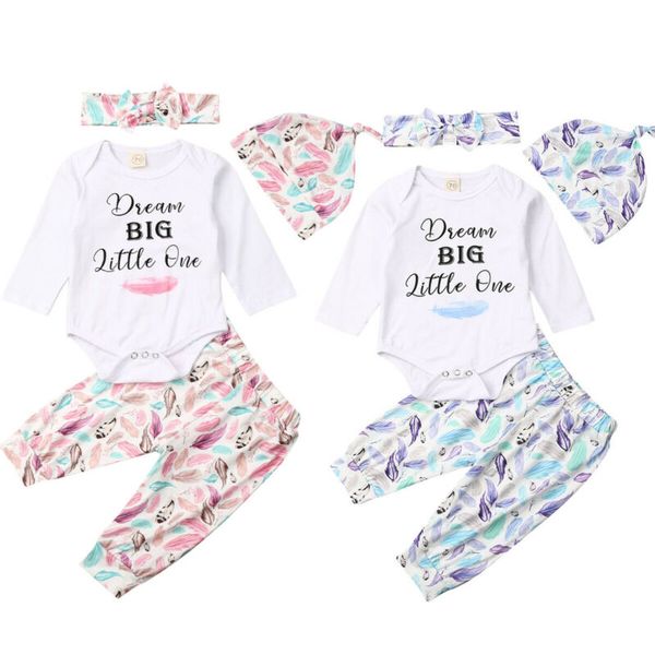 

2020 new 4pcs newborn kid baby boy girl letter romper +pants+hat+headband outfits set clothing sets, Pink;blue