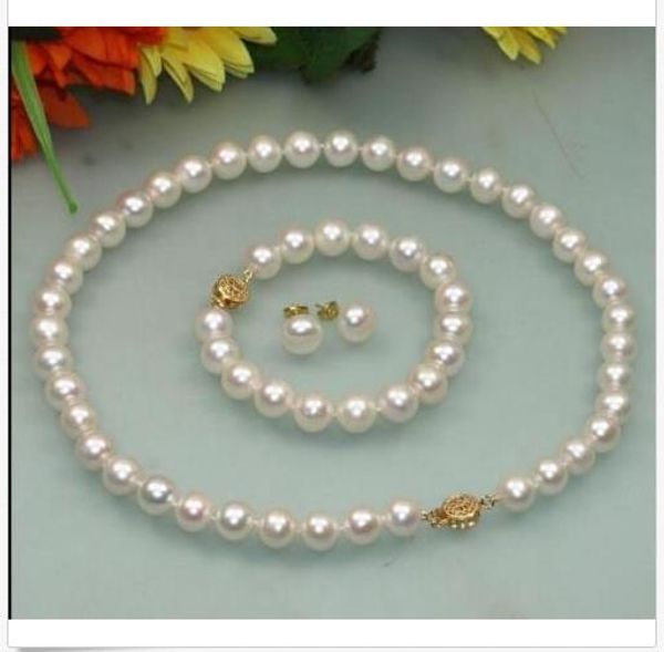 

set of 9-10mm south sea white pearl necklace bracelet 7.5-8"18inch earring, Silver