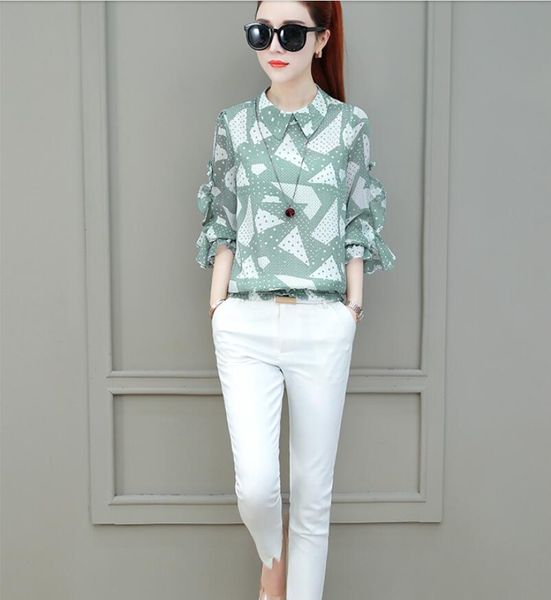 

long-sleeved printed chiffon shirt female 2019 new fashion lap temperament high-end streetwear elegant women blouses, White