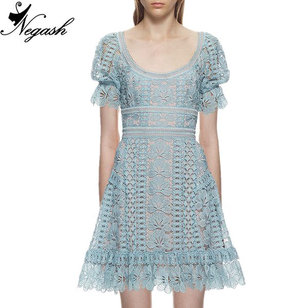 

2018 new arrive summer runway water soluble lace hollow embroidery slim openwork crochet lace dress vestidos, Black;gray