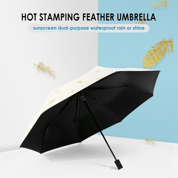 

mini three-folding portable women girls feather printed anti-uv umbrella for sunny rainy 8k parasol