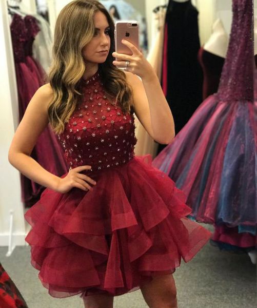 

burgundy halter homecoming short mini prom dresses crystal beading ruffle tulle party cocktail evening graduation dress formal gowns, Blue;pink