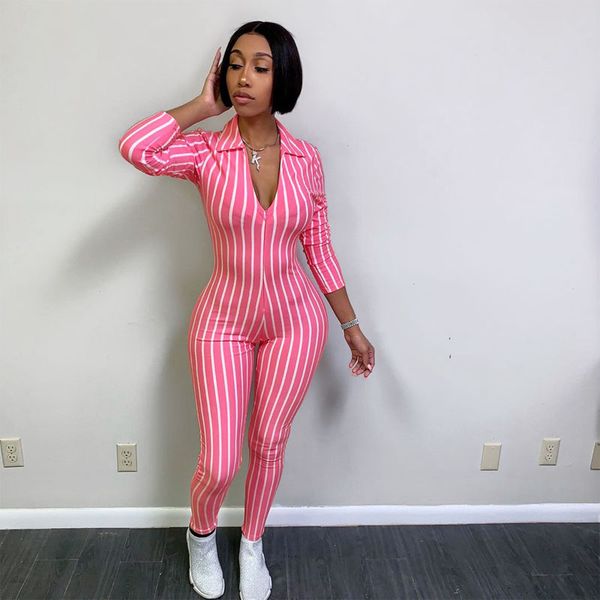 

2019 black white bodycon women bandage jumpsuit long sleeve v neck striped celebrity full length party jumpsuits streetwear