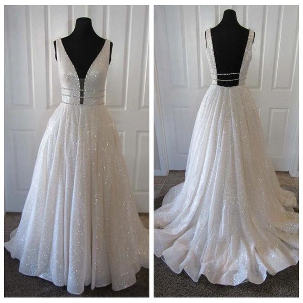 

sparkly white prom dresses plunging v neck backless sweep train straps designer evening gown custom made formal occasion wear, Black