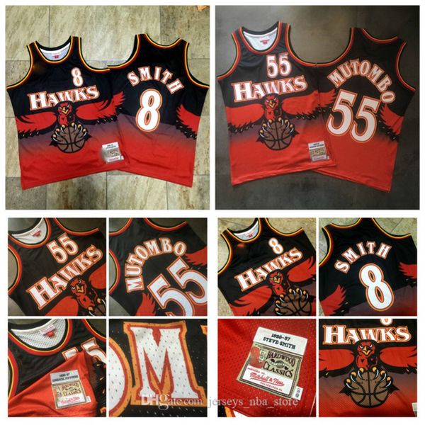 

men atlanta hawks 55 mutombo 8 smith christian laettner mitchell & ness hardwoods classics 1996-97 retro jersey01, Black;red