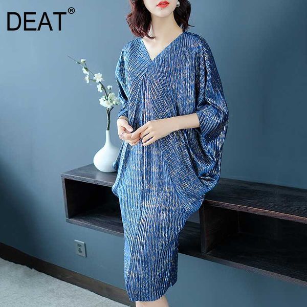 

casual dresses [deat] 2021 fast delivery women spring loose dress pleated short batwing sleeve v neck mid calf length large size tide na949, Black;gray