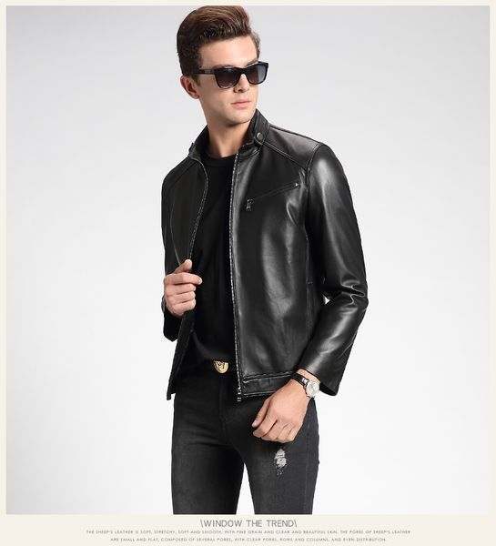 

leather leather jacket men's slim-fit locomotive short coat 2019 new style sheepskin stand collar jacket, Black