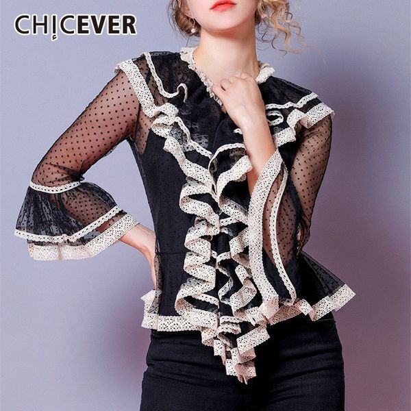 

chicever summer sweet hit color lace ruffles women shirt v neck mesh dot flare sleeve perspective female clothing 2019 tide, White