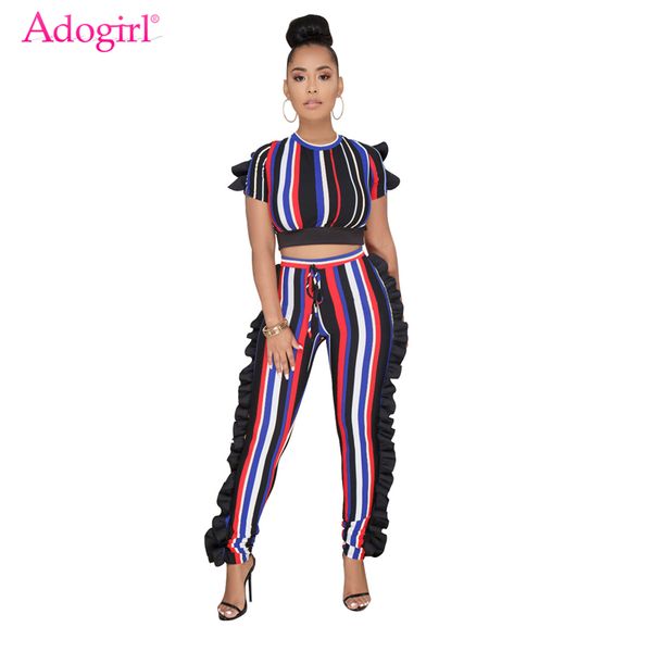 

adogirl clearance sale colorful stripe ruffle two piece set rainbow short sleeve crop pencil pants tracksuit leisure suits, White
