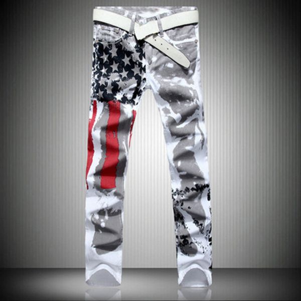 

new men's white flag printed jeans high stretch slim casual five-pointed star red stripe large size pants in sale, Blue