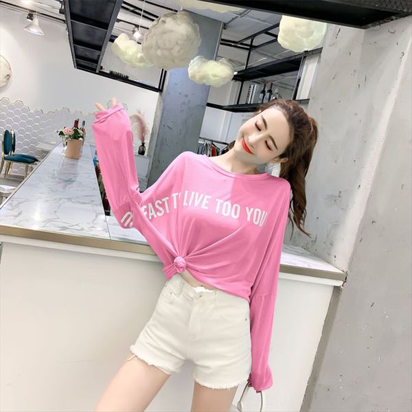 

2020 t-shirt candy large size candy color loose bat sleeve t-shirt women's long sleeve letter printing sunscreen blouse top, White