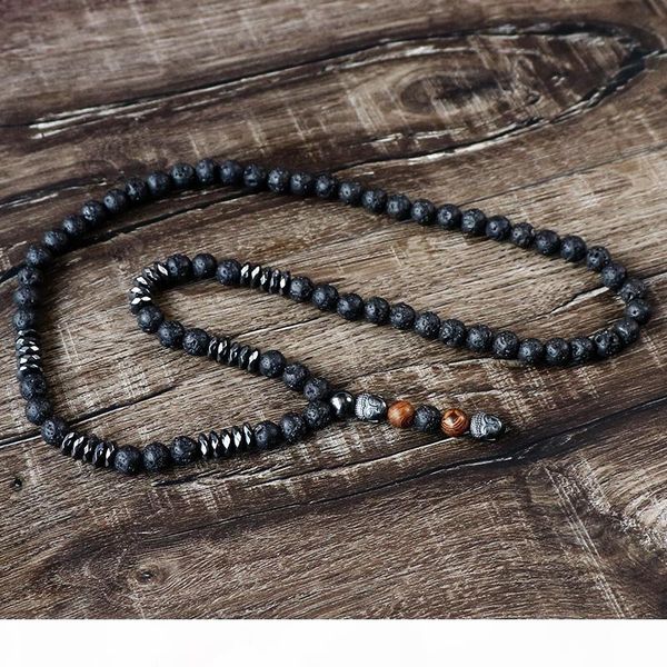 

vintage jewelry wood beads black lava mala stone with black men's hematite buddha pendant rosary necklace, Silver
