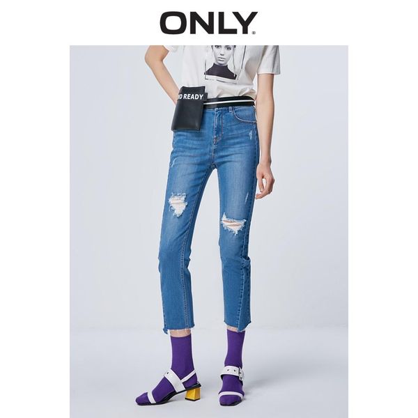 

only 2019 spring summer new women's straight fit rips raw-edge crop jeans |119149661, Blue