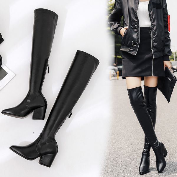 

winter with high with sharp boots elastic overknee boots, Black